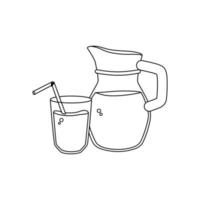 Jug and glass with liquid in the outline style on a white isolated background. Vector illustration of a drink.