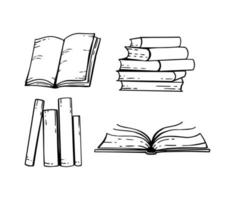 libros dibujados a mano en blanco y negro. libros abiertos, en una pila y de pie en un estante. ilustración vectorial vector