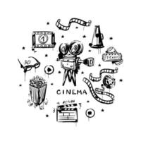 Movie  hand-drawn set on a white isolated background. Black and white vintage video camera, reel with tape, popcorn, megaphone. Vector illustration