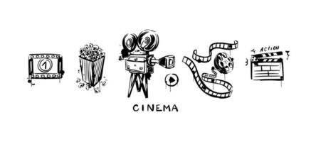 Vintage set of movie camera, tape, popcorn sketch on a white isolated background. Vector hand-drawn illustration.