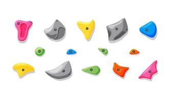 Grippers for climbing in the gym, imitation of a rock. Various fasteners. Cartoon set on a white isolated background. vector