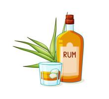 Rum is an alcoholic drink in a bottle and a glass with ice on a white background. Cartoon. A product made from sugar cane. Vector illustration.