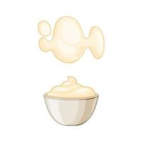 Mayonnaise in  small round bowl on a white isolated background. Creamy sauce stain. Side view. Vector set in the cartoon style.