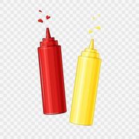 Ketchup and mustard. Bottles with sauces on a transparent isolated background. Splashes and drops. Vector cartoon illustration.