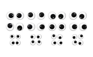 Plastic toy eyes set on a white insulated background. Different, fun pairs of safe eyes. Vector cartoon illustration.