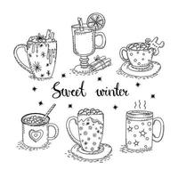 Hot drinks coffee, cocoa with marshmallows, mulled wine in cups set on a white isolated background. Sweet dessert for autumn and winter holidays. Hand-drawn. Vector Offline illustration.
