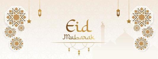 Eid Mubarak Islamic banner with ornaments and floral pattern background