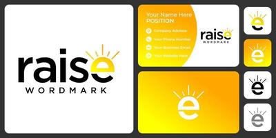Letter e monogram sunrise logo design with business card template. vector
