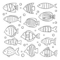 Set of cute sea fish doodle. Underwater world in sketch style. Hand drawn vector illustration isolated on white background.