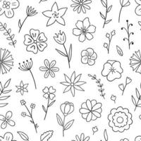 Hand drawn seamless pattern of flowers and branches doodle. Floral and herbal elements.in sketch style. Vector illustration.