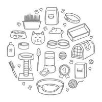 Hand drawn set of cat and pet accessories doodle. Supplies and equipment cats in sketch style. Bowl, toys, collar, food. Vector illustration isolated on white background.