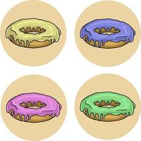 A collection of large round donuts with multicolored glaze, sweets for decoration. Vector illustration for desserts and postcards