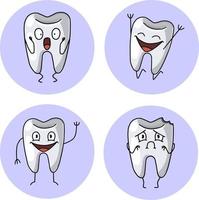 Vector illustration. A set of cute cartoon teeth with different moods, logo, design elements