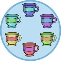 A round card, a large set of six cups for coffee and cocoa for the holiday. Warm drink for children and adults, vector illustration