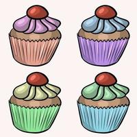 A set of beautiful cupcake with berries and colorful cream. Vector illustration for postcards, calendars and stickers on a light pink background