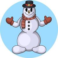 Cartoon funny snowman in a hat and a red scarf on a blue background. Vector illustration