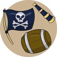 ilustración vectorial un conjunto de dibujos animados, un conjunto pirata para juegos infantiles, una bandera pirata, un telescopio, un barril de madera vector