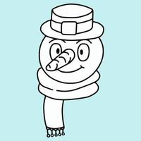 Cartoon character in a scarf and hat smiling, black and white vector illustration on a blue background, badge, postcard