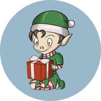 lindo elfo pequeño, ayudante de santa, se sienta y sostiene una caja de regalo roja, un elemento de diseño. ilustración vectorial sobre un fondo claro