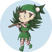 el pequeño elfo ayudante de santa lleva un árbol de navidad, ilustración vectorial, sobre un fondo azul, elemento de diseño de postal, emblema, icono