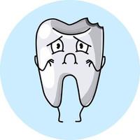 Cartoon sad cute sick tooth, vector illustration on a round blue background, icon, logo, design element
