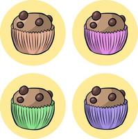 Delicious Cupcakes with chocolate chips in colorful molds, a design element, an emblem, an icon. Vector illustration for postcards, calendars and stickers on a light background