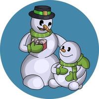 Two cartoon snowmen in green scarves. The snowman gives a gift. vector illustration, on a round blue background, icon, emblem