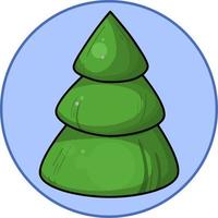 Cartoon stylized green Christmas tree, on a round blue background, design element, badge, emblem, Vector illustration