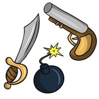 ilustración vectorial un conjunto de atributos de armas para piratas en estilo de dibujos animados para el diseño de cajas, decoraciones y paquetes vector