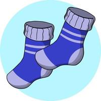 A collection of bright purple warm soft socks for winter with a striped pattern. Vector illustration on a round blue background, badge, emblem, card