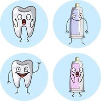 Collection of badges, dentistry, prevention, toothpaste for brushing teeth, happy and surprised toothpaste. Illustration for packaging, vector illustration