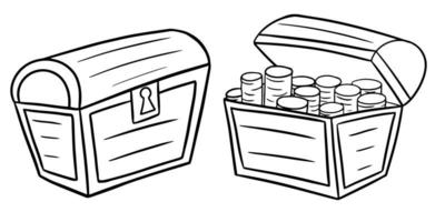 A set of monochrome illustrations. Wooden chest with gold coins, pirate treasure chest, vector illustration