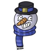 divertido muñeco de nieve en una bufanda azul y sombrero, sonriente, ilustración de dibujos animados vectoriales sobre un fondo blanco vector