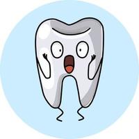 Cartoon scared, surprised cute sick tooth, vector illustration on a round blue background, icon, logo, design element