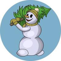 A cute snowman with a Christmas tree in his hands is walking and smiling. Vector illustration on a round blue background, design element, logo icon