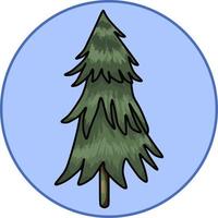 ilustración vectorial, árbol de Navidad verde oscuro de dibujos animados, sobre un fondo azul redondo, elemento de diseño, placa, emblema