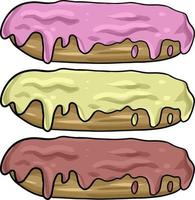 Beautiful large eclairs with different fillings and multicolored fruit glaze, vector illustration on a transparent background, design element