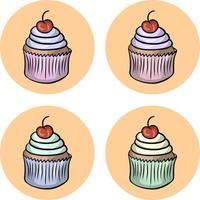 un juego de pastelitos con una tapa grande de crema y una cereza en tazas coloridas. ilustración vectorial para postales, íconos y pegatinas en un fondo naranja claro