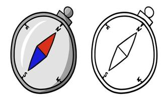 Equipment for tourists and travelers, steel compass. Color vector illustration and line