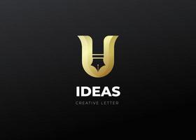diseño de logotipo de letra inicial u con icono de pluma para agencia de educación concepto de gradiente de oro de lujo vector