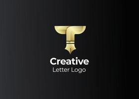 Initial letter T logo design with pen icon for education agency gold gradient concept luxury vector