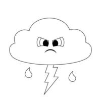 Linda nube de dibujos animados con relámpagos. dibujar ilustraciones en blanco y negro vector