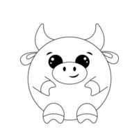 Cute cartoon round Bull. Draw illustration in black and white vector