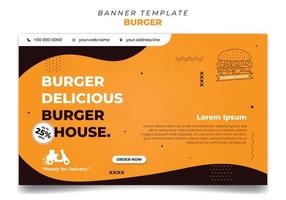 diseño de plantilla de banner amarillo para publicidad de hamburguesas. plantilla de banner de redes sociales con diseño de onda simple. vector