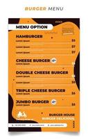 Yellow burger menu template with burger background design. vector