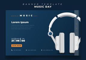 plantilla de banner web con auriculares blancos en fondo azul para el diseño del día mundial de la música vector