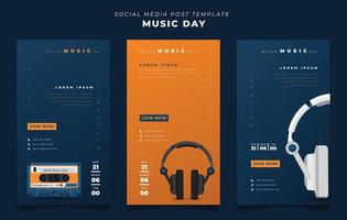 conjunto de plantillas de publicaciones en redes sociales para el día mundial de la música en un diseño de fondo de retrato azul y amarillo vector