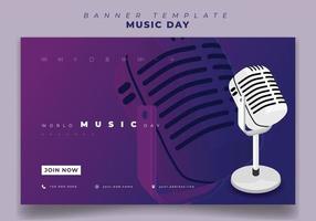 plantilla de banner web para el día mundial de la música con micrófono y diseño de fondo morado