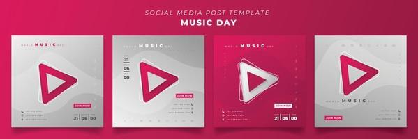 Set of social media post template in feminine background for world music day vector