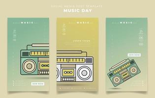 Set of social media post template for world music day with radio tape design in portrait background vector